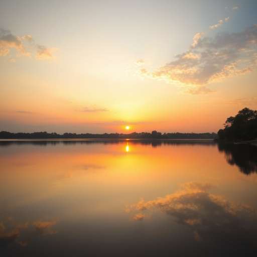 Generate an image of a sunset over a calm lake with reflections on the water, using a Canon EOS R5 with a 24-70mm lens, aperture f/8, ISO 100, and a shutter speed of 1/125s.