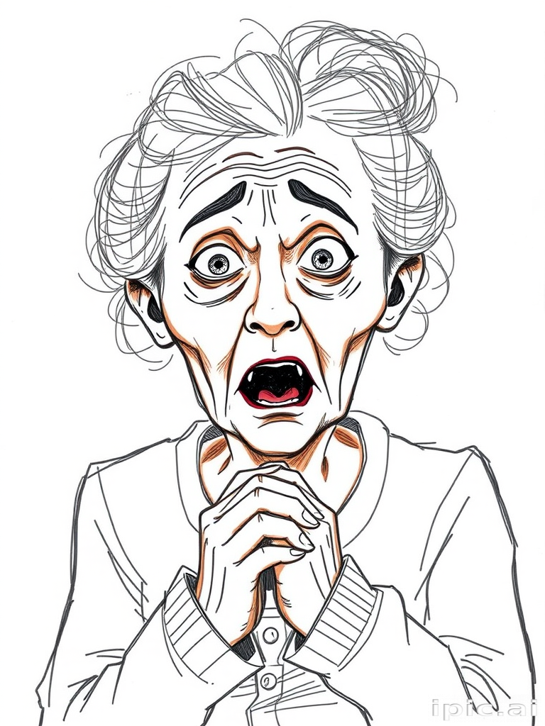 scribbly unfinished sketch, old lady with messy gray hair in a loose bun, surprised expression, mouth open, hands clasped together in front of her chest. Her eyes are wide, eyebrows are furrowed. vibe of shock or surprise.