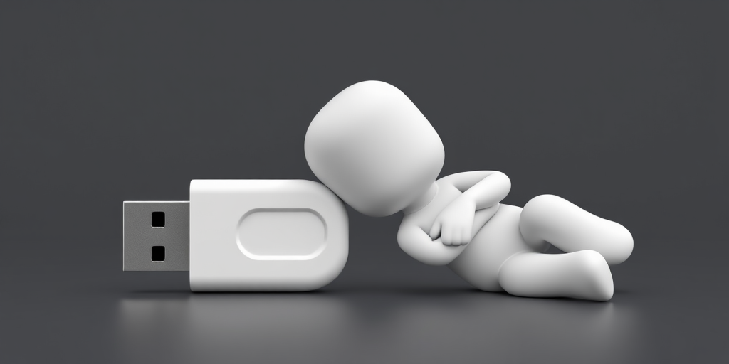 Create a high-resolution 3D render of two cartoon-like white figures, one resembling a USB drive and the other lying down with arms crossed, using a DSLR camera with a focal length of 50mm, aperture set to f/2.8 for a shallow depth of field, and a softbox light source for even illumination.