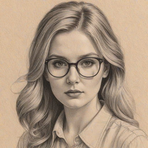 Magnificent Abigail Breslin, pencil sketch, portrait of Resplendent woman 1972s in glasses, hair style beatnik, outline, clear lines, fine lines, 8k