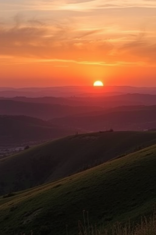Create a high-resolution image of a serene landscape featuring rolling hills and a sunset, captured with a Canon EOS R5, 50mm f/1.2 lens, ISO 100, aperture f/8, shutter speed 1/125 sec, in a golden hour soft light style.