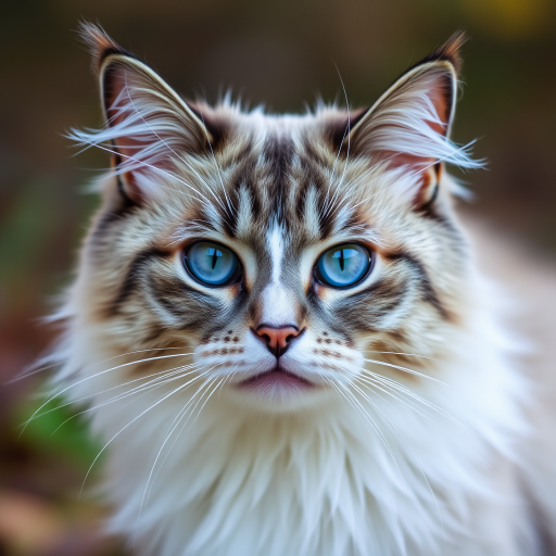 A close-up of a fluffy gray and white cat with striking blue eyes, looking directly at the camera with a serious expression against a blurred natural background.