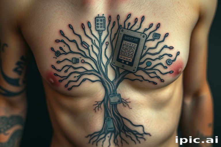 Surrealist tattoo combining elements of nature and technology on the ribcage, featuring a tree with circuit board branches and digital leaves in muted earth tones