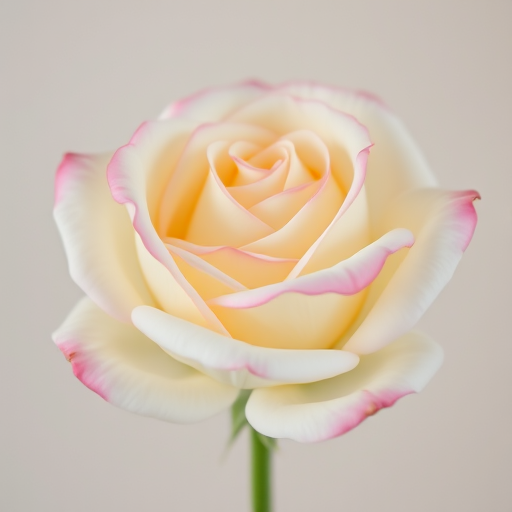 Close-up shot of a white rose with pink edges against a soft neutral background, aperture f/2.8, ISO 100, shutter speed 1/200s, taken with a DSLR camera, 50mm lens, natural light, focus on the rose petals.