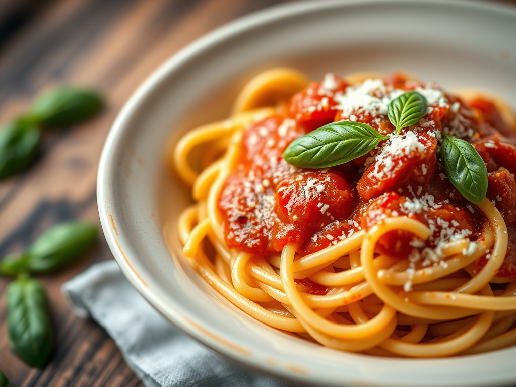 Capture a close-up shot of a bowl of pasta with marinara sauce, garnished with fresh basil leaves and grated cheese, using a Canon EOS 5D Mark IV at f/2.8, ISO 100, 1/200s, with a shallow depth of field, natural lighting, and a rustic wooden background for a warm, inviting feel.