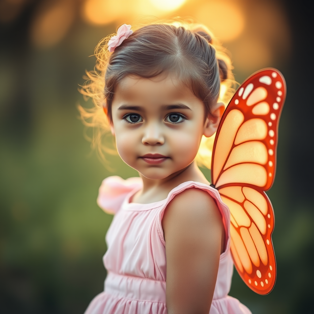 portrait of a young girl with butterfly wings in a pastel pink dress, soft focus background, natural lighting, f/1.8 aperture, 85mm lens, professional DSLR camera, golden hour lighting