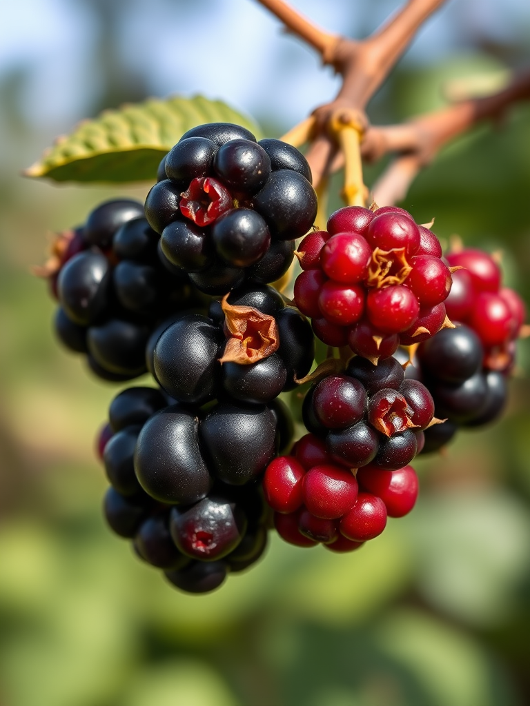 Close-up of ripe and unripe blackberries on a branch with a blurred natural background, shot with a Canon EOS R5, 50mm lens at f/2.8, ISO 100, natural light, macro photography style.