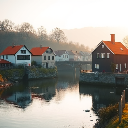 Generate a serene landscape featuring quaint houses with orange roofs alongside a calm river, soft morning light illuminating the scene, using a DSLR camera with a 35mm lens, aperture f/8, ISO 100, and a shallow depth of field for a dreamy effect.