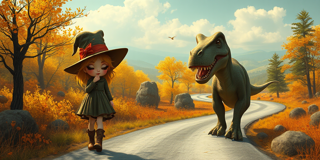 digital art fantasy depicting a strange girl with Yellow hair, long eyelashes, brown lipstick and a tall hat walking along a winding road on an autumn afternoon, an Dinosaur smiles as she passes
