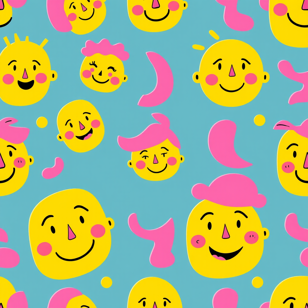 Create a seamless vector pattern featuring abstract cartoon faces in yellow, pink, and purple colors, with various expressions, shot with a Canon EOS R5, 50mm lens, aperture f/8, ISO 100, soft diffused lighting.