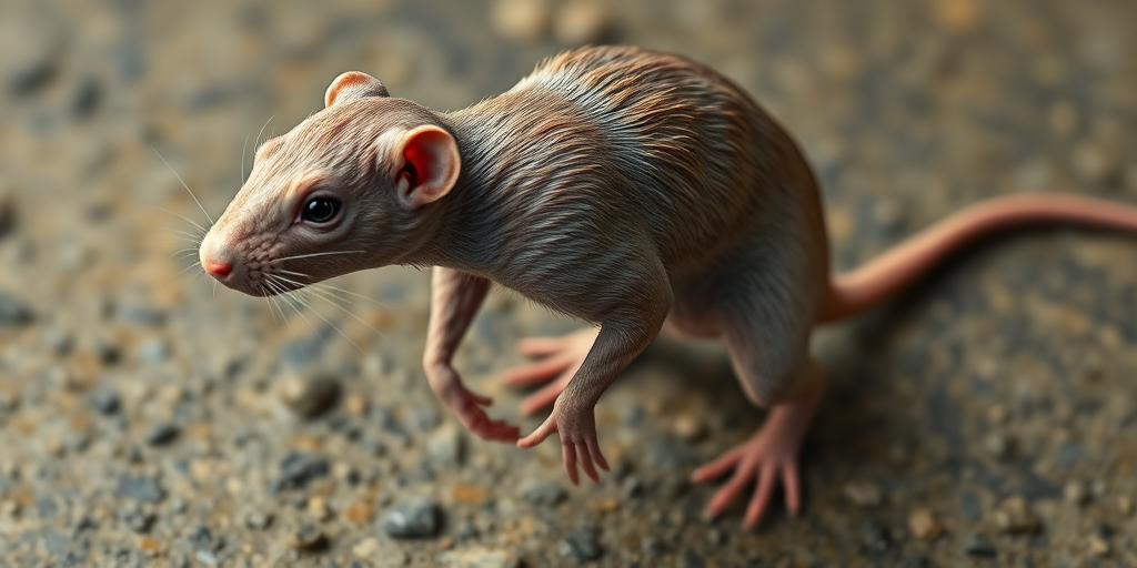 A detailed 3D rendering of a naked mole rat in a dynamic pose, captured with a DSLR camera at f/2.8 aperture, 1/200 shutter speed, ISO 100, wide-angle lens, and an overhead view to emphasize texture and depth.