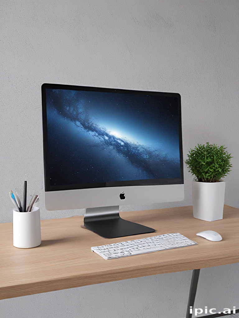 Modern Workspace Featuring a Sleek Apple iMac on a Wooden Desk