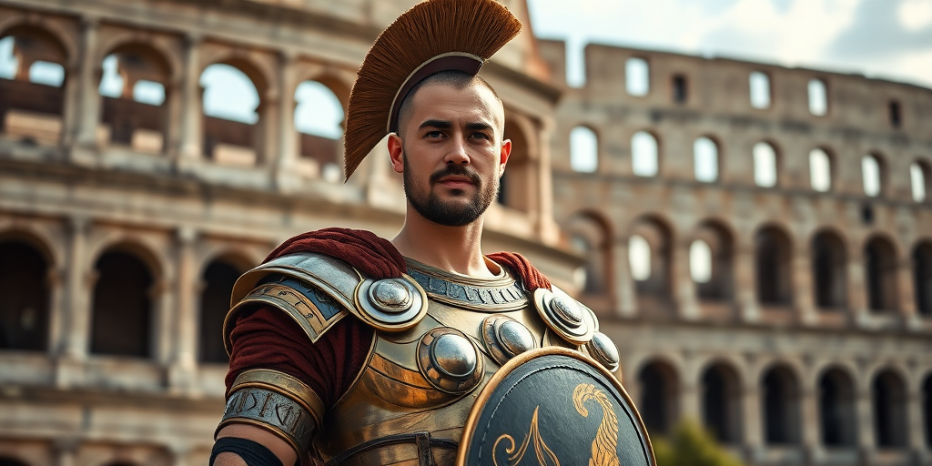 Generate an image of a male warrior in historical armor, standing confidently in front of the Colosseum, shot with a DSLR camera at f/2.8 aperture, ISO 100, using a 50mm lens with natural lighting to enhance detail and vibrancy.