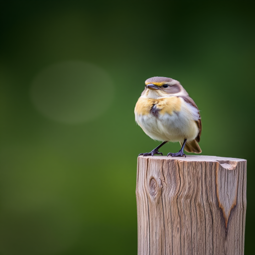 Capture a close-up of a bird perched on a wooden post with soft bokeh in the background, using a DSLR camera at f/2.8, ISO 200, shutter speed 1/250s, taken from a low angle with a 200mm lens for detailed focus and clarity.