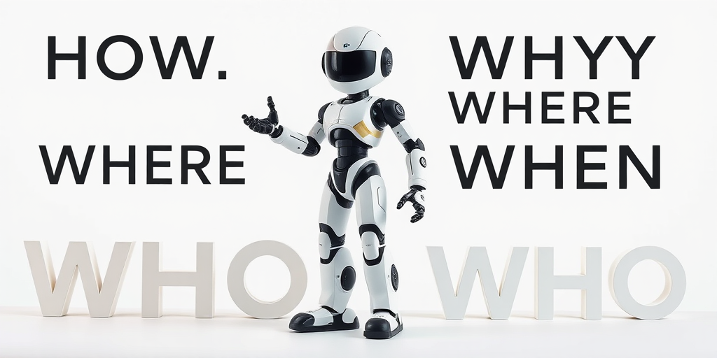 A humanoid robot with a white and black design, standing in a dynamic pose with the words "HOW," "WHY," "WHERE," "WHAT," "WHEN," and "WHO" artistically arranged around it on a clean, white background, taken with a Canon EOS R5, 50mm lens, f/1.8 aperture, ISO 100, shot in soft natural light for vibrant colors and sharp details.