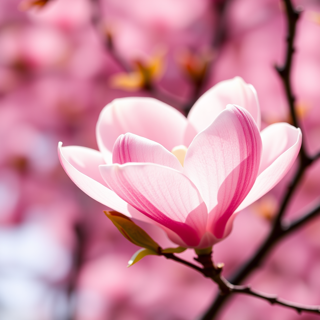 high-resolution image of a blossoming magnolia flower with soft pink petals against a blurred pink background, captured with a Canon EOS R5, 85mm lens, f/2.8 aperture, 1/500 sec shutter speed, ISO 100, natural sunlight for enhanced clarity and color vibrancy