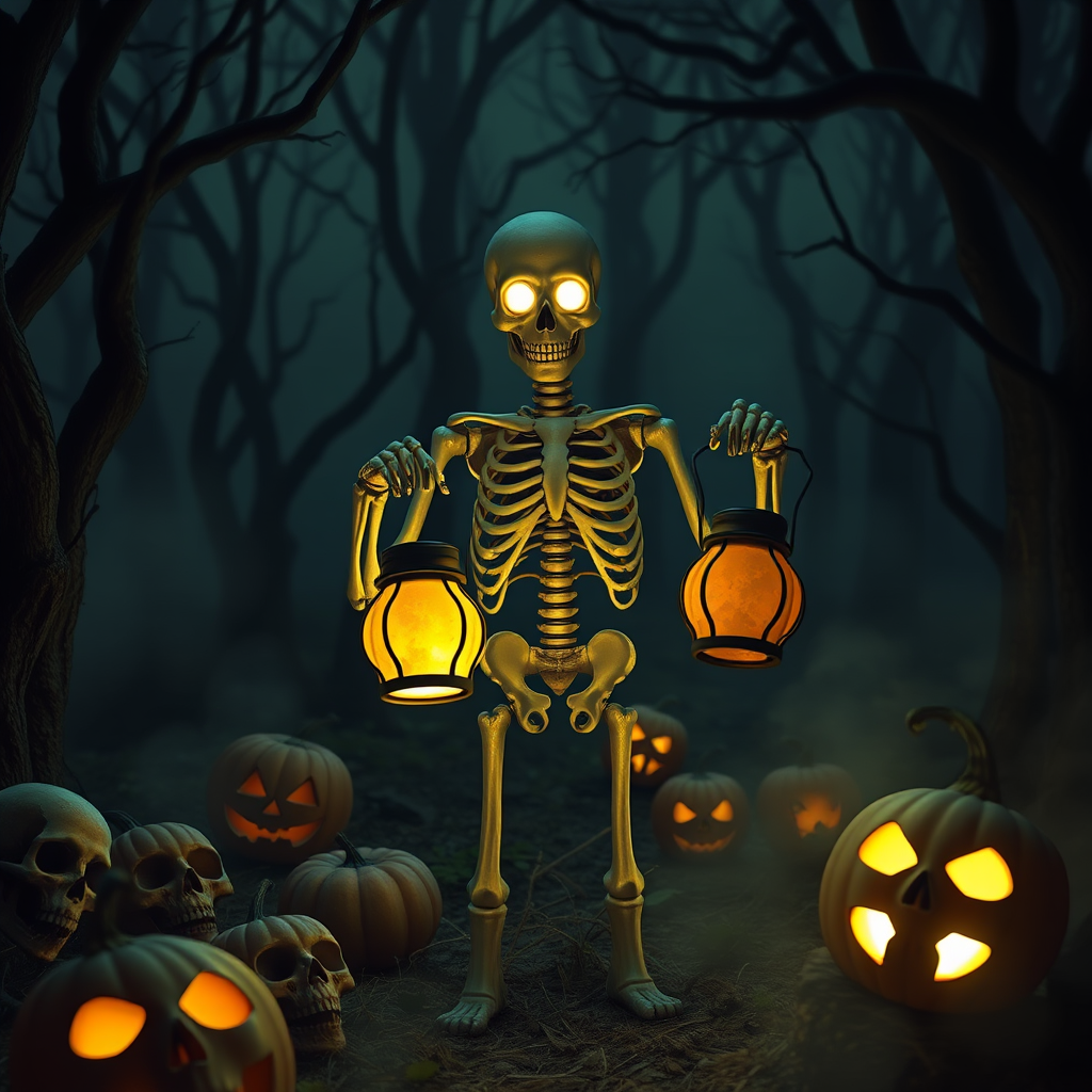 Create a spooky scene featuring a skeleton figure with glowing eyes holding two lanterns that emit an eerie light in a dark forest setting surrounded by carved pumpkins and ominous skulls. The atmosphere should be haunting with mist and twisted trees in the background, emphasizing a Halloween theme.