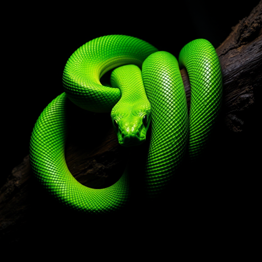 Create an image of a vibrant green snake coiled around a dark, textured branch in a dimly lit environment, focusing on the snake's intricate scales and the contrast between the green and the brown of the branch.
