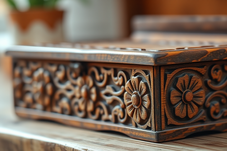 Create a highly detailed close-up image of a vintage wooden decorative box with intricate floral carvings, using a DSLR camera with a 50mm lens, aperture f/1.8, ISO 200, at a slight diagonal angle to capture depth, in natural soft lighting to enhance the textures and colors.