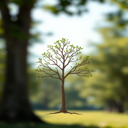Generate an illustration of a simple, stylized tree, captured with a DSLR camera at f/4, 50mm lens, ISO 100, bright daylight, using a shallow depth of field to enhance the focus on the tree with a blurred background.