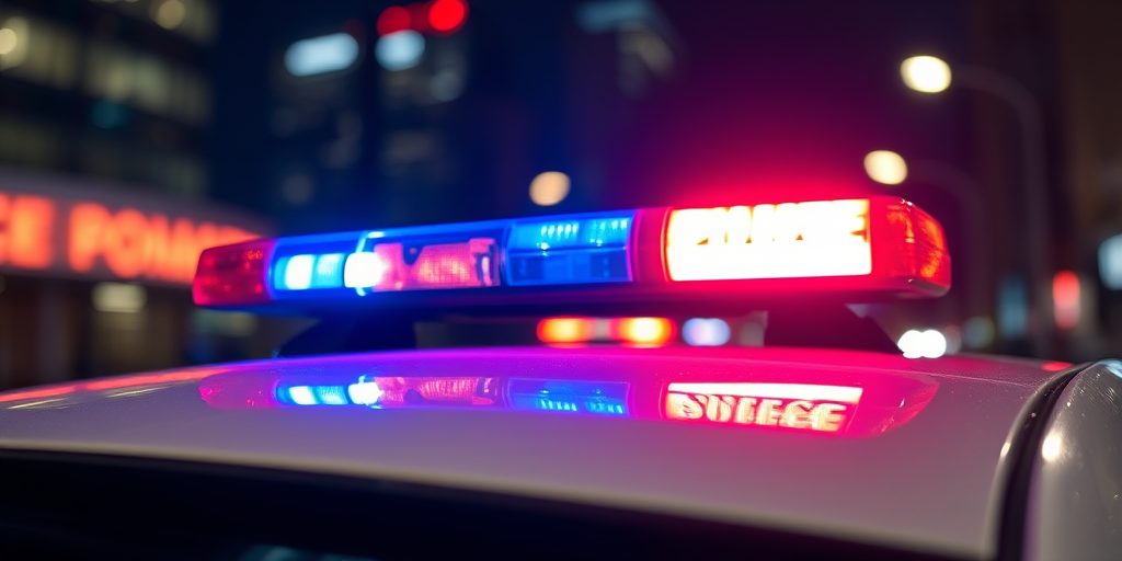Capture a nighttime close-up of a police car's light bar with vibrant red and blue lights flashing, shallow depth of field, ISO 800, aperture f/2.8, 50mm lens, shot from a low angle to emphasize the lights against a blurred cityscape background.