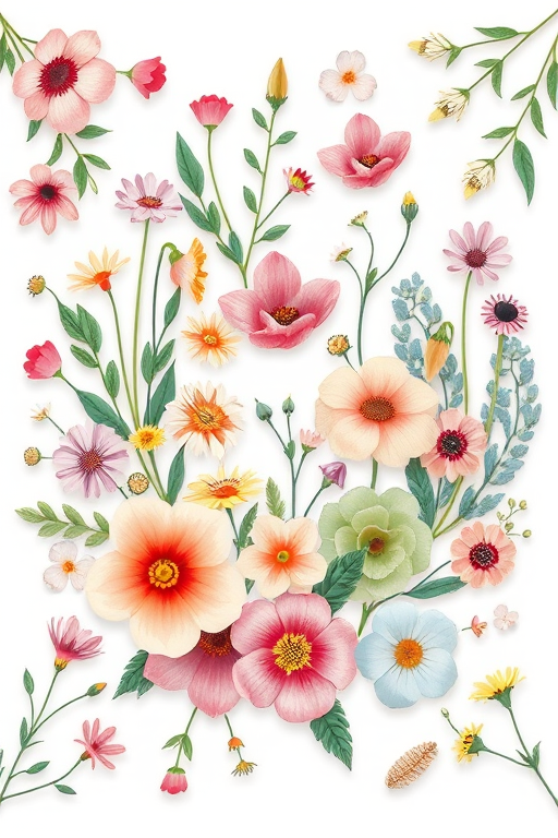 Create a vector illustration of various flowers and plants arranged in a visually appealing layout, using a high-resolution setting of 300 DPI with a focus on soft pastel colors, an overcast natural light ambiance for even illumination, and a top-down perspective to capture the arrangement.