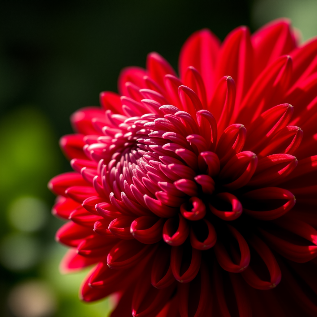 Close-up shot of a red chrysanthemum flower with intricate petal details, macro lens, f/2.8 aperture, 100mm focal length, ISO 100, natural lighting, DSLR camera.