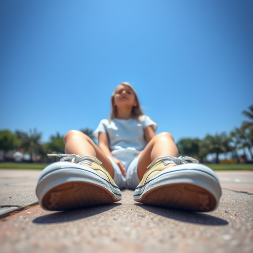 Generate an ultra-realistic, highly detailed, high-definition photograph. It's a photo of a girl sitting on the floor. She's looking at the horizon. The photo is taken from the bottom up, at ground level. The girl's sneakers are in the foreground, in the center of the scene. The girl is wearing light clothes, a t-shirt and short shorts. The sky is blue. Bright environment. The background is a blurred image of a park.