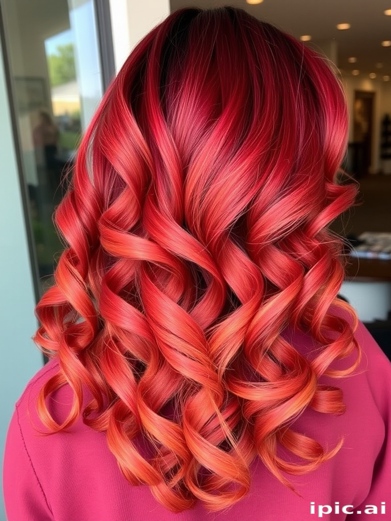 Fiery ombré locks transitioning from deep burgundy roots to bright copper tips, styled in voluminous spiral curls dubbed "Autumn Flame" emanating warmth and passion