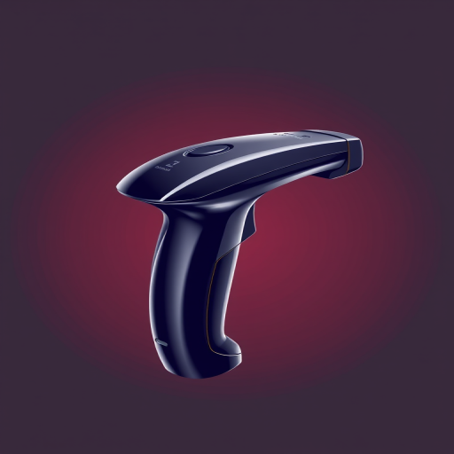 Create a high-resolution vector illustration of a handheld scanner, featuring a sleek design, with a glossy finish, use a camera with a 50mm lens, f/8 aperture, ISO 100, and a softbox for even lighting, capture from a slightly above angle to emphasize shape and details.