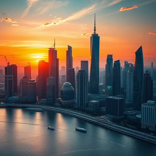 Generate a detailed image of a futuristic city skyline at sunset, captured with a Canon EOS R5, ISO 100, f/8, 1/125s, wide-angle view to enhance depth, vibrant colors and high contrast to emphasize the architectural details.