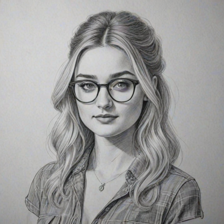 Attractive AJ Michalka, pencil sketch, portrait of Graceful woman 1969s in glasses, hair style beatnik, outline, clear lines, fine lines, 8k
