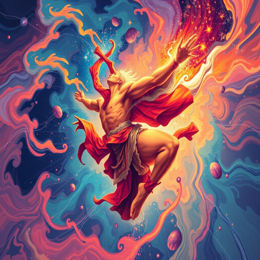 Create a vibrant and dynamic illustration of a celestial figure in motion, surrounded by a cosmic aura of swirling colors, capture the scene with a Canon EOS 5D Mark IV, 24mm lens, f/2.8 aperture, ISO 100, at a shutter speed of 1/125 sec, using a wide-angle view for enhanced depth and detail.