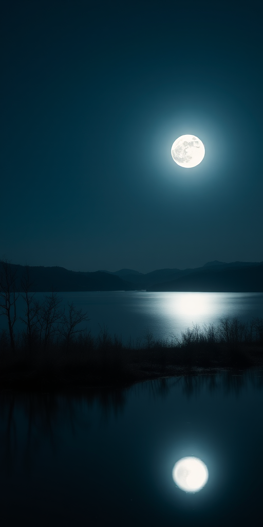 Create a high-resolution image of a serene nighttime landscape with a full moon illuminating a calm lake, captured with a DSLR camera at f/2.8, ISO 200, shutter speed 1/60s, using a wide-angle lens, in a long exposure style.