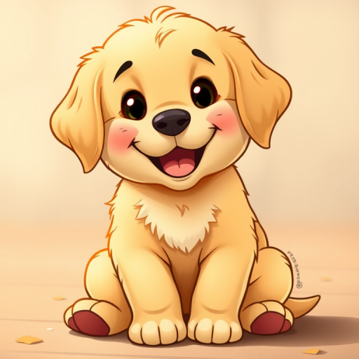 Create a high-resolution cartoon image of a cute, smiling golden puppy sitting down, using a DSLR camera with a 50mm lens at f/2.8, ISO 100, and a soft focus background for enhanced clarity and detail.