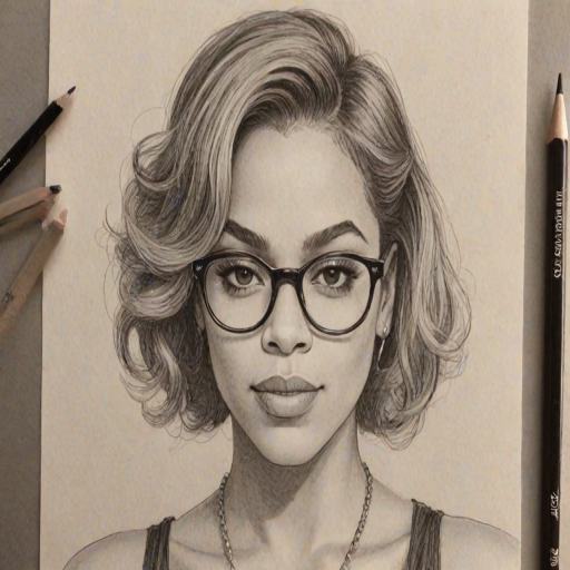 Fetching Dinah Jane, pencil sketch, portrait of Superb woman 1929s in glasses, hair style beatnik, outline, clear lines, fine lines, 8k