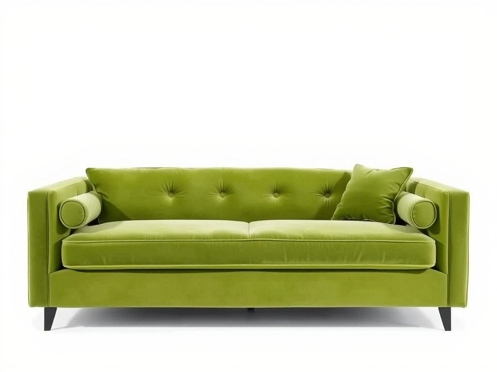 Regenerate an image of a stylish green velvet sofa with a minimalistic design, captured with a DSLR camera, 50mm lens, f/2.8 aperture, ISO 100, soft natural lighting, centered composition against a white background.