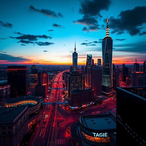 Create a high-resolution image of a futuristic city skyline at dusk with glowing neon lights, using a Canon EOS R5 with an aperture of f/1.8, ISO 100, shutter speed of 1/200 sec, shot from a wide-angle perspective in landscape orientation.