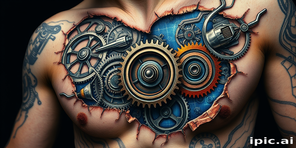 Surrealist biomechanical tattoo blending organic shapes with mechanical elements, featuring exposed gears and circuits beneath torn skin, rendered in shades of metallic silver, copper, and electric blue