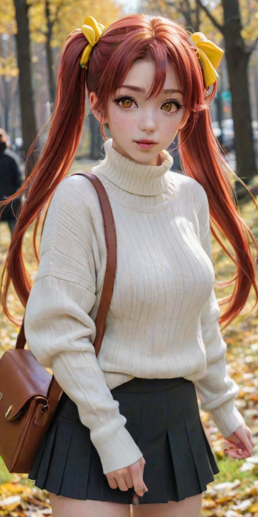 masterpiece, best quality, 1girl, red hair, twintails, very long hair, yellow eyes, large breasts, turtleneck sweater, white sweater, ribbed sweater, hair scrunchie, reaching towards viewer, beckoning, parted lips, festival, outdoors, handbag,