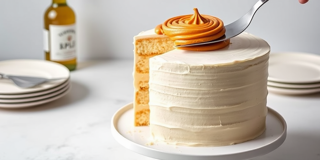 A beautifully decorated layer cake with a smooth frosting and a swirl of caramel on top, one slice is being lifted with a cake server, the background is light and minimalistic, featuring a few plates and a bottle, creating an inviting dessert scene.