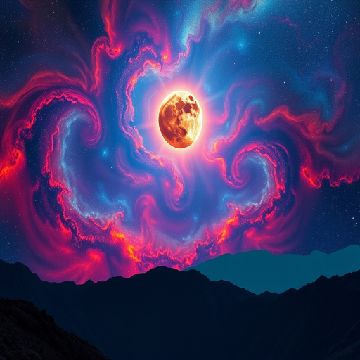 Create a vibrant cosmic landscape featuring a blood moon eclipsing a distant planet, surrounded by swirling galaxies and stars, with a mountainous terrain in the foreground, captured using a DSLR camera with a 24mm lens at f/8, ISO 100, and a shutter speed of 1/50 seconds, high dynamic range photography for enhanced colors and details.