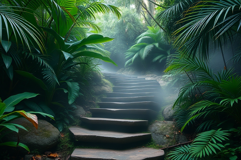 generate a lush tropical jungle scene with mist gently covering round stone steps leading through dense foliage, enhance depth of field, use a 50mm lens, aperture f/2.8, ISO 200, natural lighting, shot in RAW format for high dynamic range.
