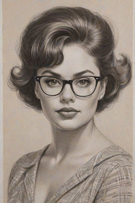 Lovely Raven Goodwin, pencil sketch, portrait of Gorgeous woman 1958s in glasses, hair style beatnik, outline, clear lines, fine lines, 8k