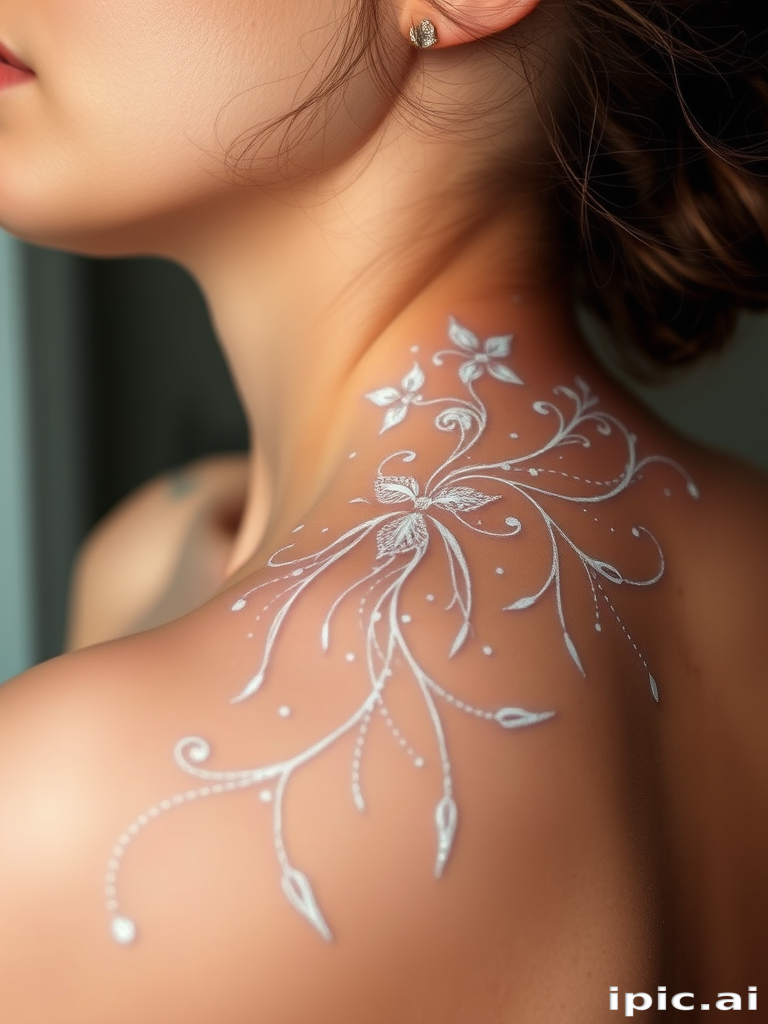 Ethereal white ink tattoo titled "Gossamer Dreams" featuring delicate, lace-like patterns and intricate filigree designs that seem to float on the skin like wisps of smoke or fine spider silk. This style utilizes only white ink, creating a subtle, almost ghostly appearance that becomes more visible when the skin is tanned or under certain lighting conditions. The design incorporates flowing lines, swirls, and delicate dots to create an overall effect of lightness and otherworldly beauty. The "Gossamer Dreams" style is characterized by its minimalist approach, relying on negative space and the natural tone of the skin to enhance the ethereal quality of the tattoo. This unique tattoo style appeals to those seeking a discreet yet enchanting form of body art that appears to shimmer and change with the light.