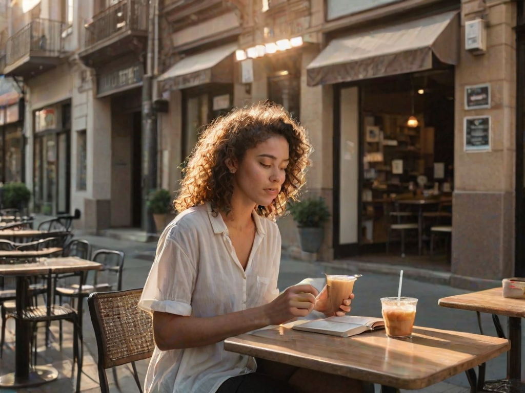 Quiet street cafe on a warm afternoon, small tables lining the sidewalk, a woman with curly hair sits by the window, reading a book and sipping an iced coffee as the sun sets behind the buildings.