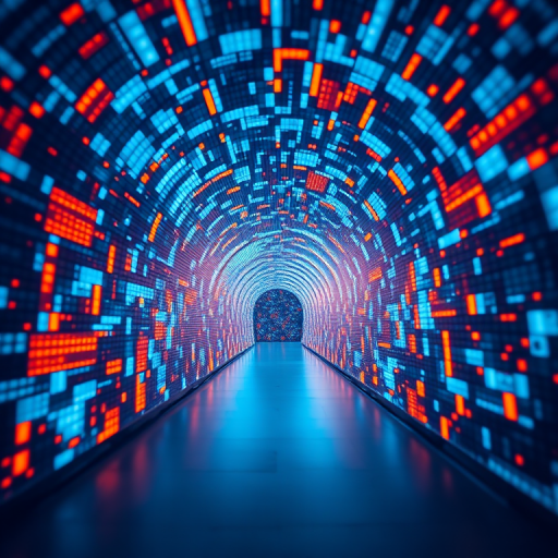Generate a high-resolution digital artwork of a tunnel made of glowing blue and orange data blocks with a perspective view, using a Canon EOS R5 camera, 24mm f/1.4 lens, f/8 aperture, ISO 100, and a long exposure of 2 seconds for enhanced light trails.