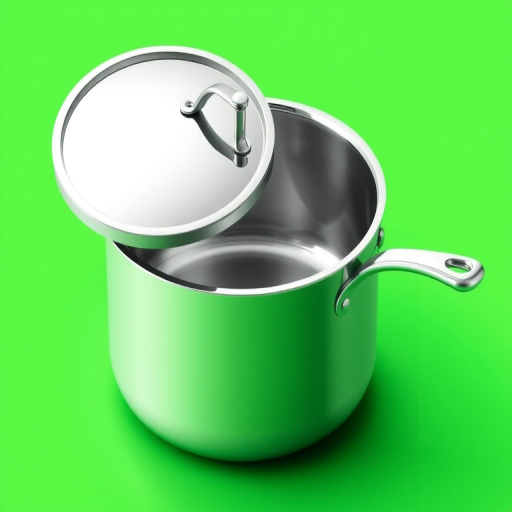 Generate a high-quality digital illustration of a stainless steel cooking pot with a shiny surface and a lid, set against a bright green background, using an isometric view, with 4K resolution, soft lighting, and a sharp focus typical of a DSLR camera with a 50mm lens at f/2.8 aperture.