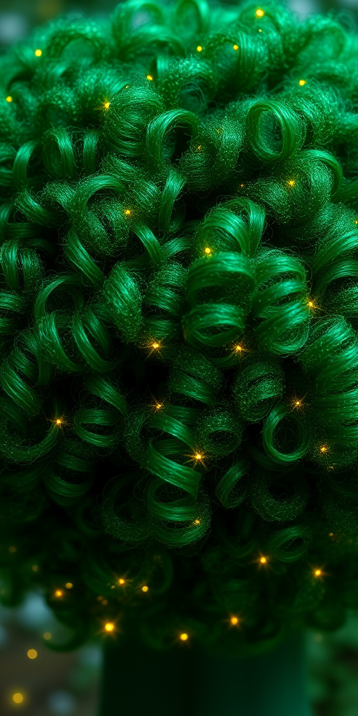 Emerald green curls arranged in a voluminous afro, interspersed with tiny twinkling fairy lights, creating a magical forest canopy effect that mesmerizes viewers.