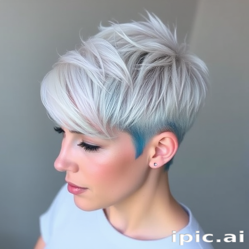 Platinum blonde pixie cut with electric blue tips, created by "Frost & Fire" stylists, showcasing a textured, spiky top and closely cropped sides, accentuated by delicate silver highlights throughout, giving an ethereal, ice-queen appearance that catches the eye from every angle.